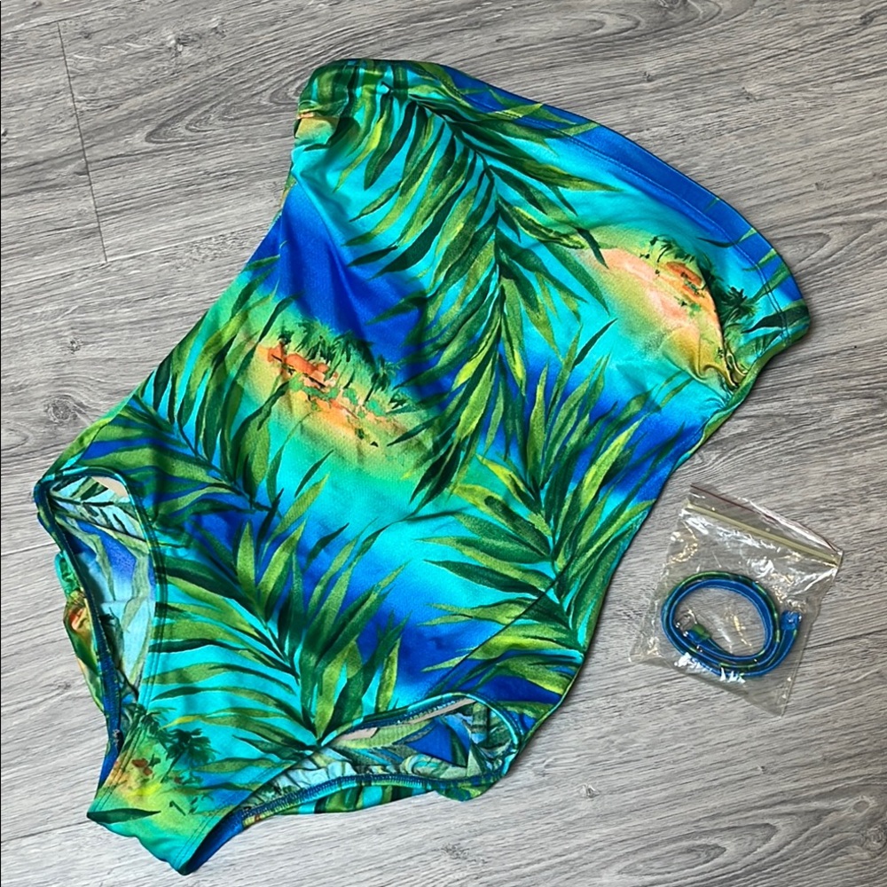 Blue and Green One Piece Tropical Swimsuit